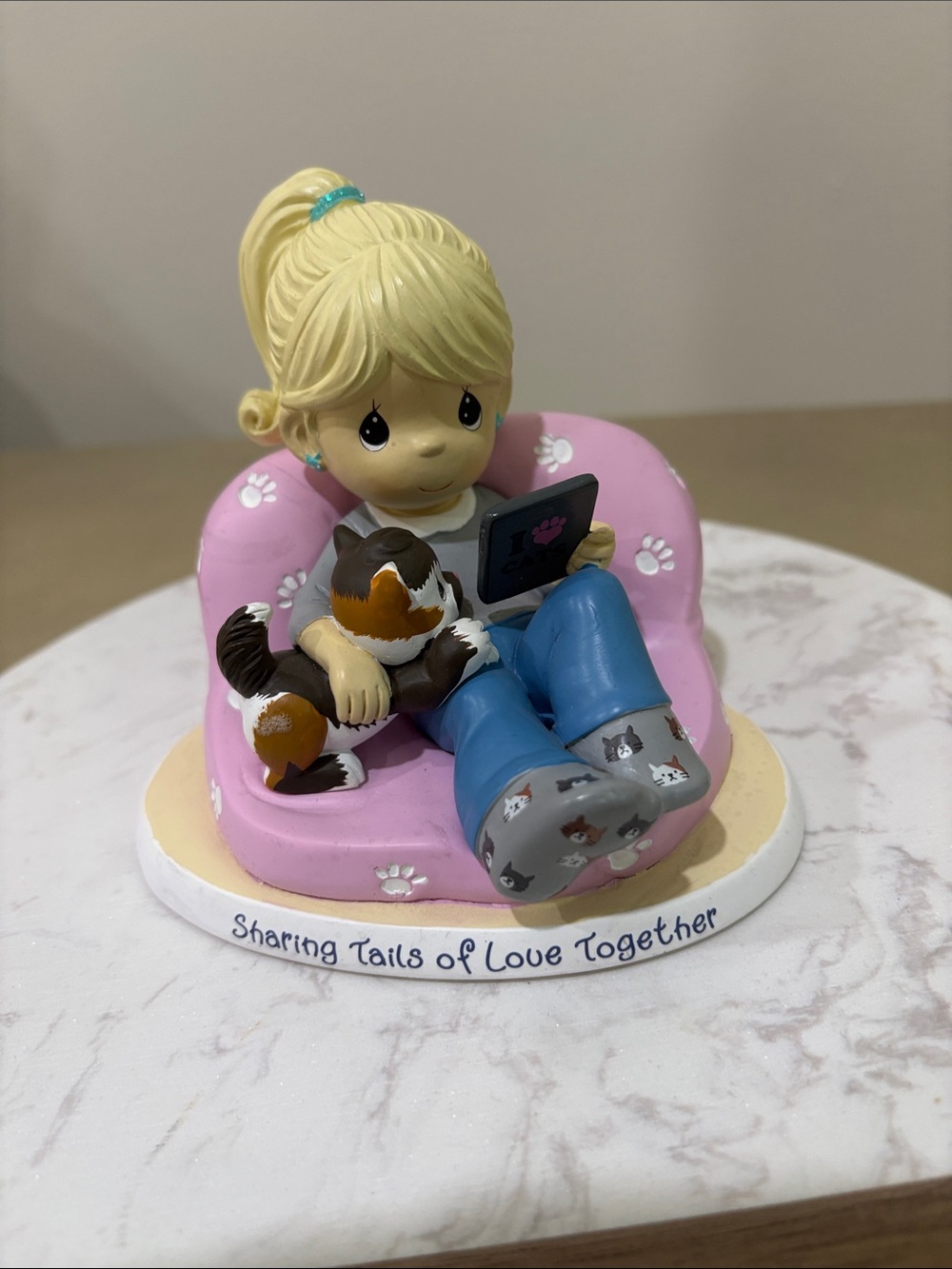 Precious Moments sharing tails of love together Girl kitty cat Figurine 2016
